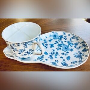 NEW Grace Teaware Tea cup and saucer tray plate blue and white floral